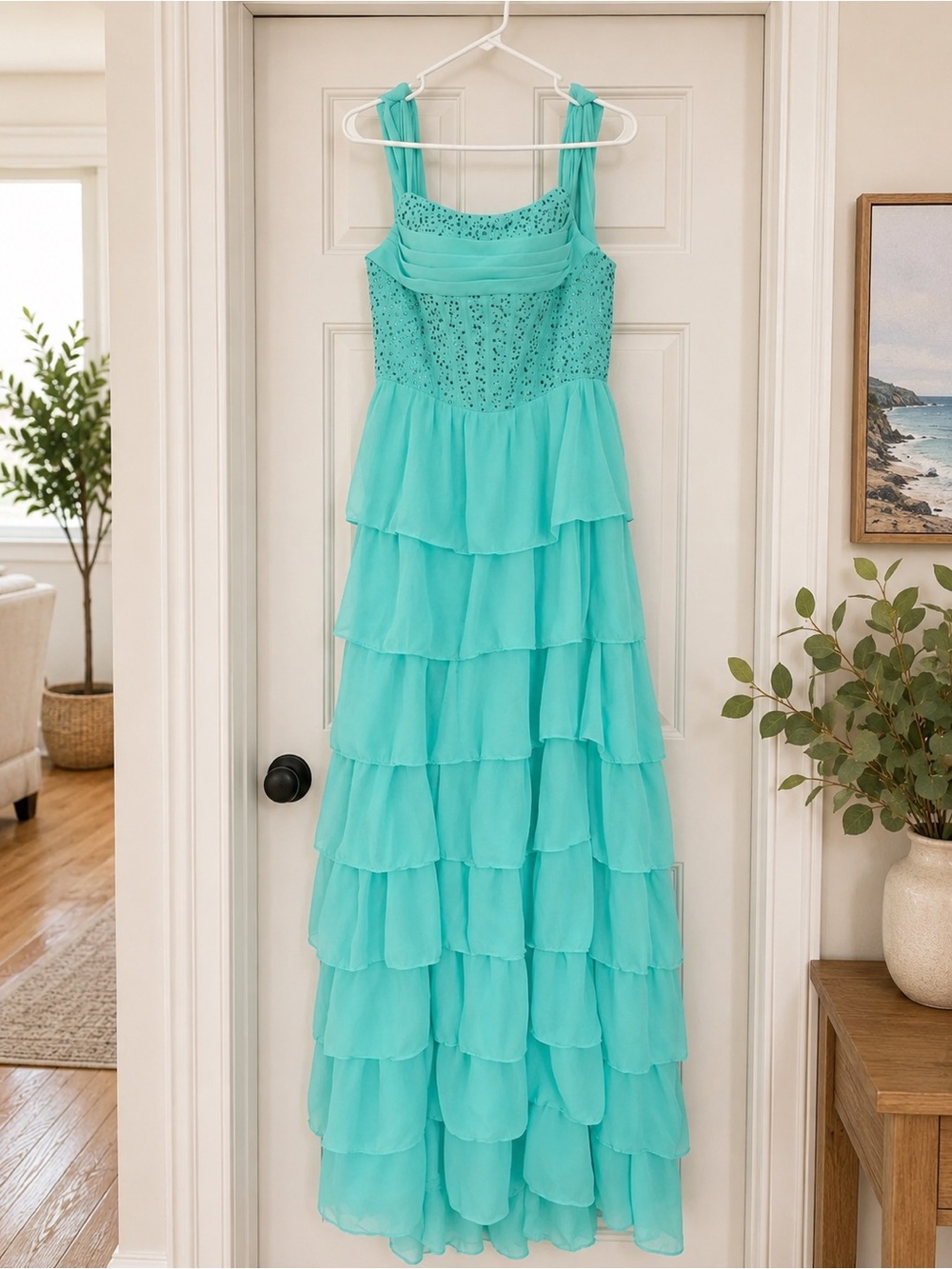 Amazon Teal Tiered Chiffon Prom Dress